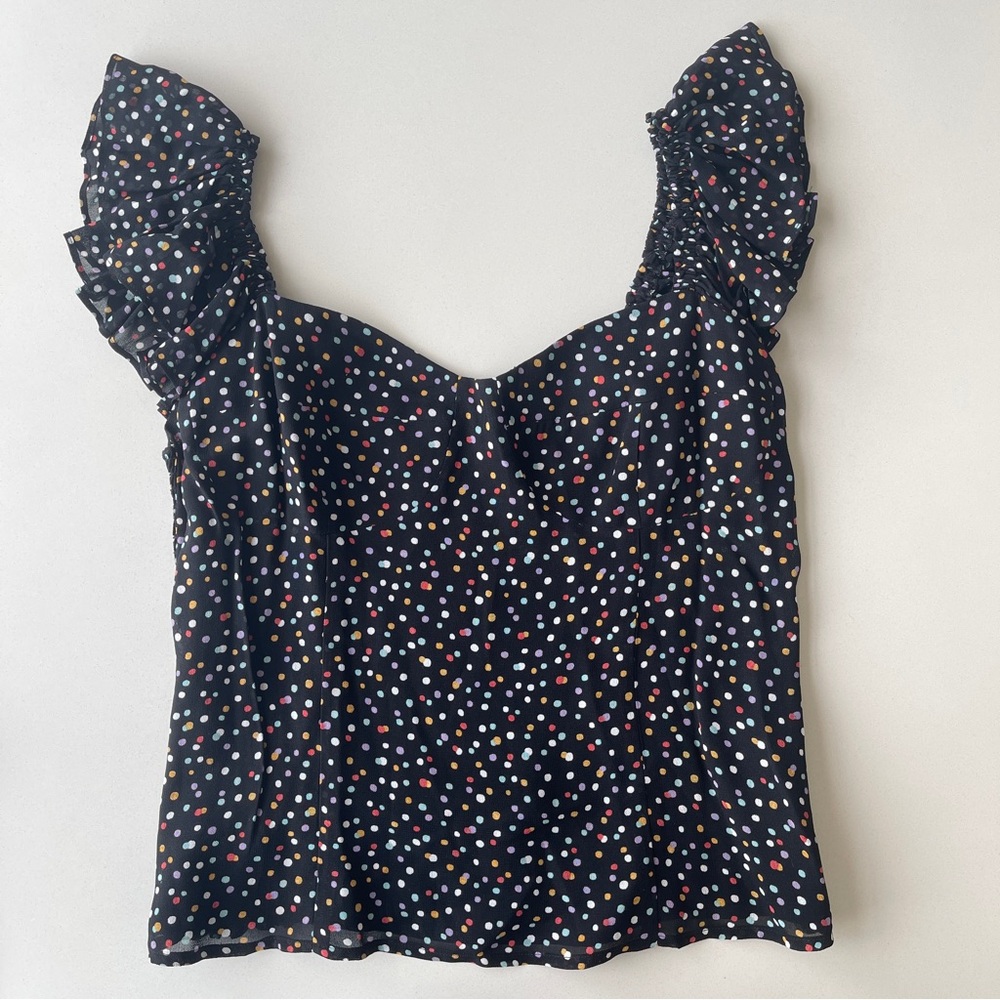 Reformation Black Multi Color Dot Print Tank with Ruffled Sleeves Size 6